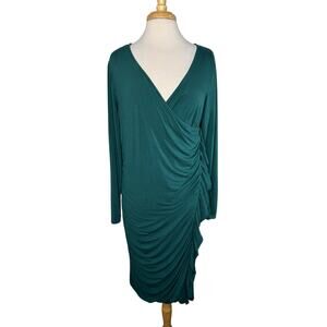 SUNDANCE Emerald Green Jersey Knit Faux Wrap Dress XL Long Sleeve Ruffle *READ*